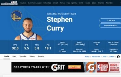 A screenshot of Stephen Curry's player page on the Warriors website.